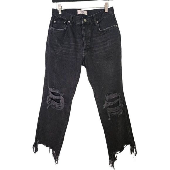 We The Free black very distressed button fly cropped jeans. Size 28. - Picture 1 of 4